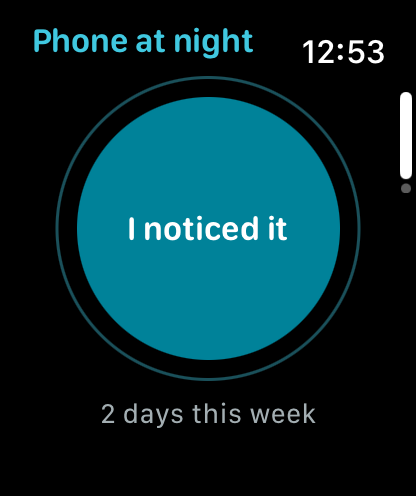 “I noticed it” on Apple Watch: the focus’s name at the top, the disc, and “2 days this week”