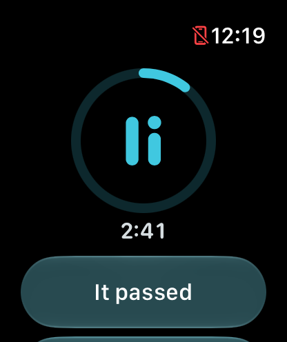 The pause on Apple Watch: a ring around the mark, 2:41 left, and “It passed”